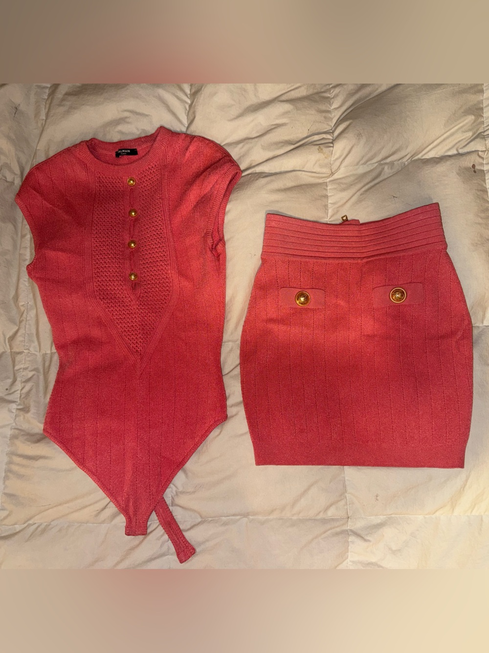 Balmain Coral Pink Knit Mini Skirt with Matching Top
